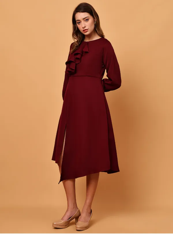 Maroon_Ruffle_Detail_Crepe_Western_Dress_For_Women