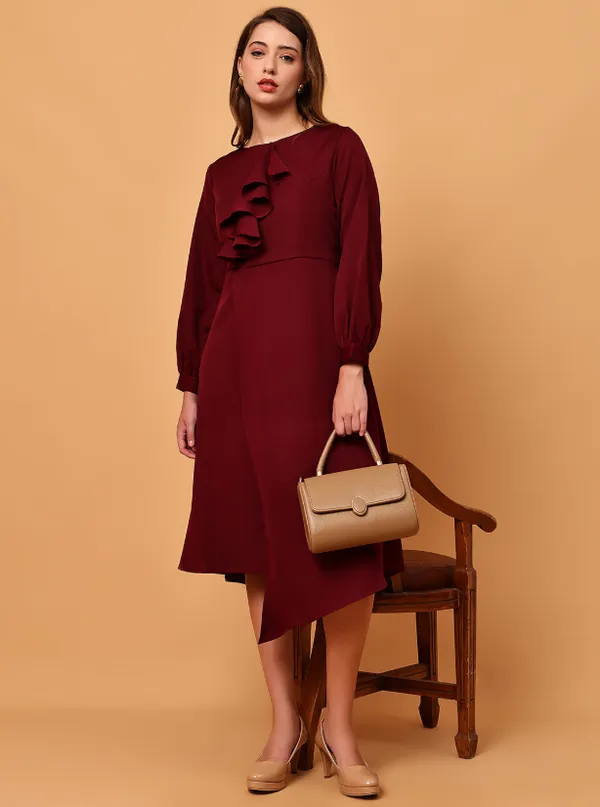 Maroon_Ruffle_Detail_Crepe_Western_Dress_For_Women
