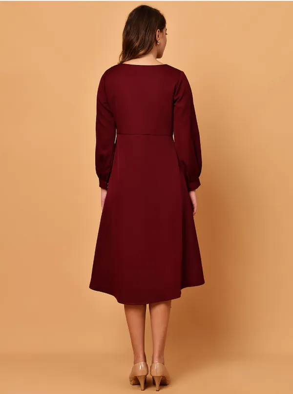 Maroon_Ruffle_Detail_Crepe_Western_Dress_For_Women