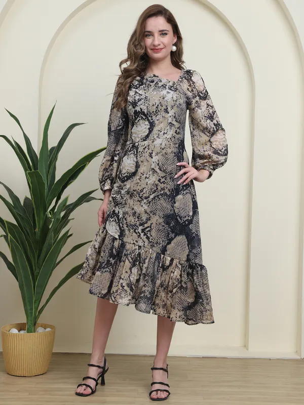 Multi_Colour_Snake_Print_Georgette_Ruffle_Hem_Western_Dress_For_Women