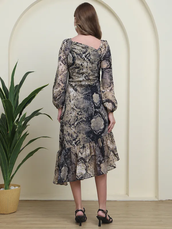 Multi_Colour_Snake_Print_Georgette_Ruffle_Hem_Western_Dress_For_Women