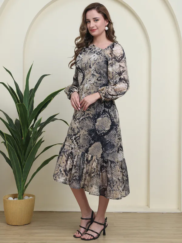 Multi_Colour_Snake_Print_Georgette_Ruffle_Hem_Western_Dress_For_Women