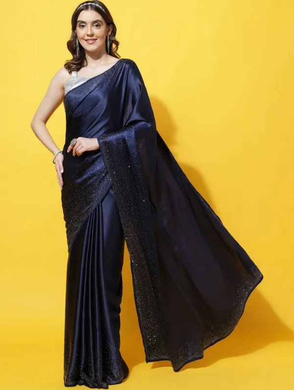 Navy_Blue_Satin_Slub_Silk_With_Cut_Work_Saree_For_Women