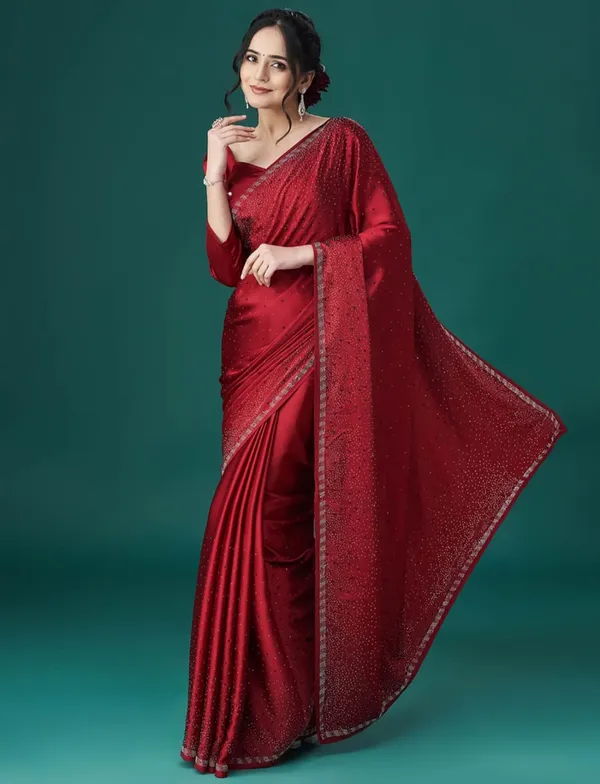 Red_Satin_Slub_Silk_With_Cut_Work_Saree_For_Women