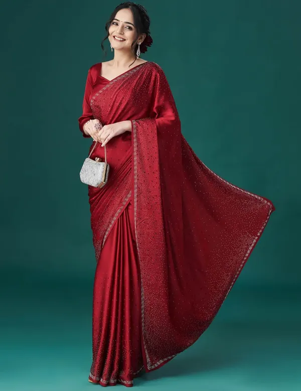 Red_Satin_Slub_Silk_With_Cut_Work_Saree_For_Women