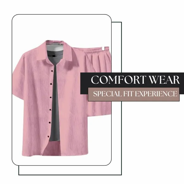 Pink_Premium_Cotton_Shirt_&_Shorts_Set_For_Men