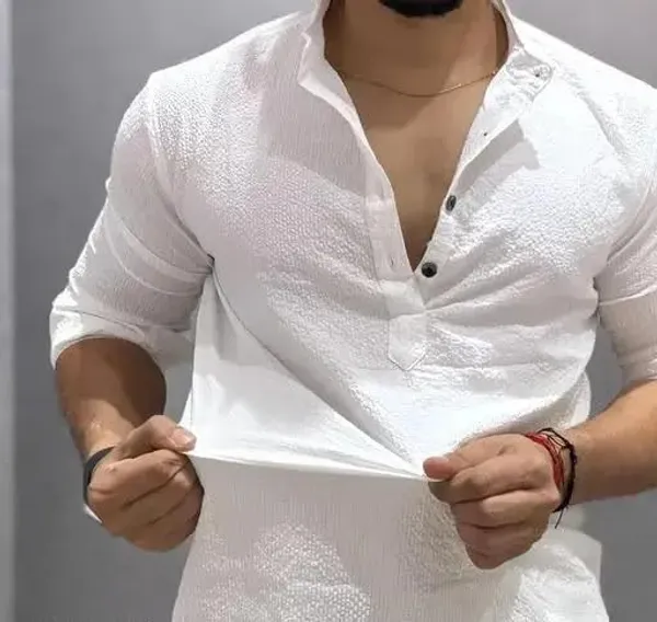 White_Premium_Cotton_Blend_Kurta_Shirt_For_Men