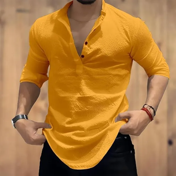 Yellow_Premium_Cotton_Blend_Kurta_Shirt_For_Men