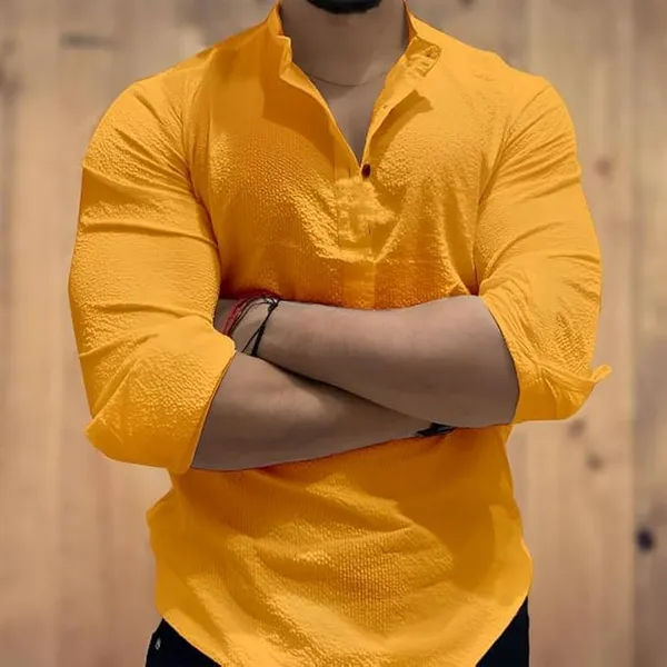 Yellow_Premium_Cotton_Blend_Kurta_Shirt_For_Men
