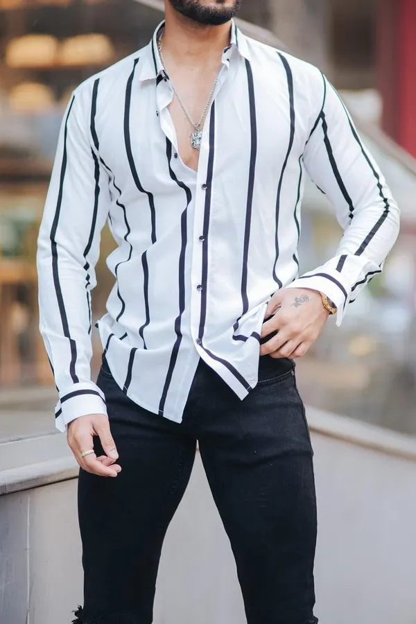 White_Premium_Lycra_Blend_Striped_Shirt_For_Men
