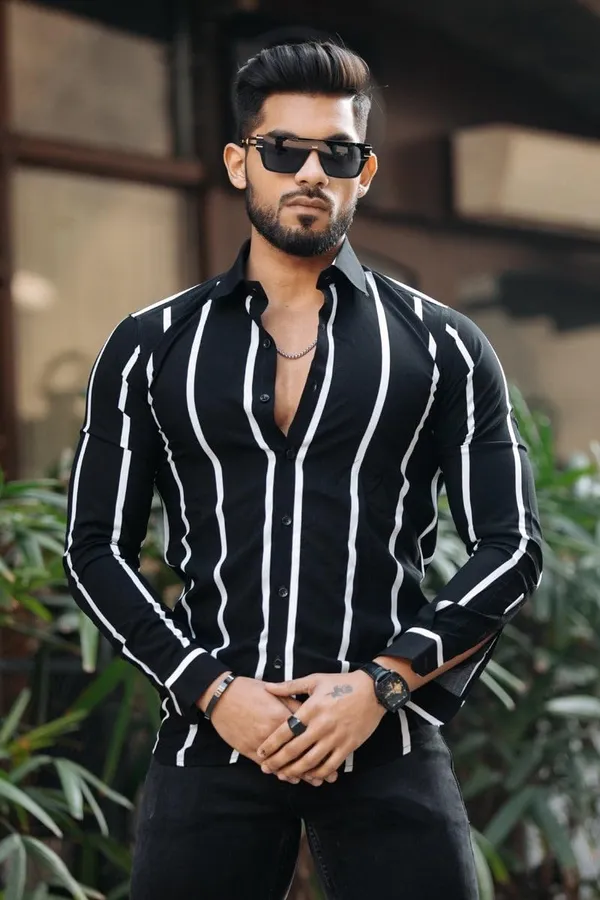 Black_Premium_Lycra_Blend_Striped_Shirt_For_Men