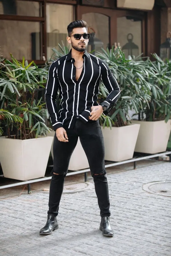 Black_Premium_Lycra_Blend_Striped_Shirt_For_Men