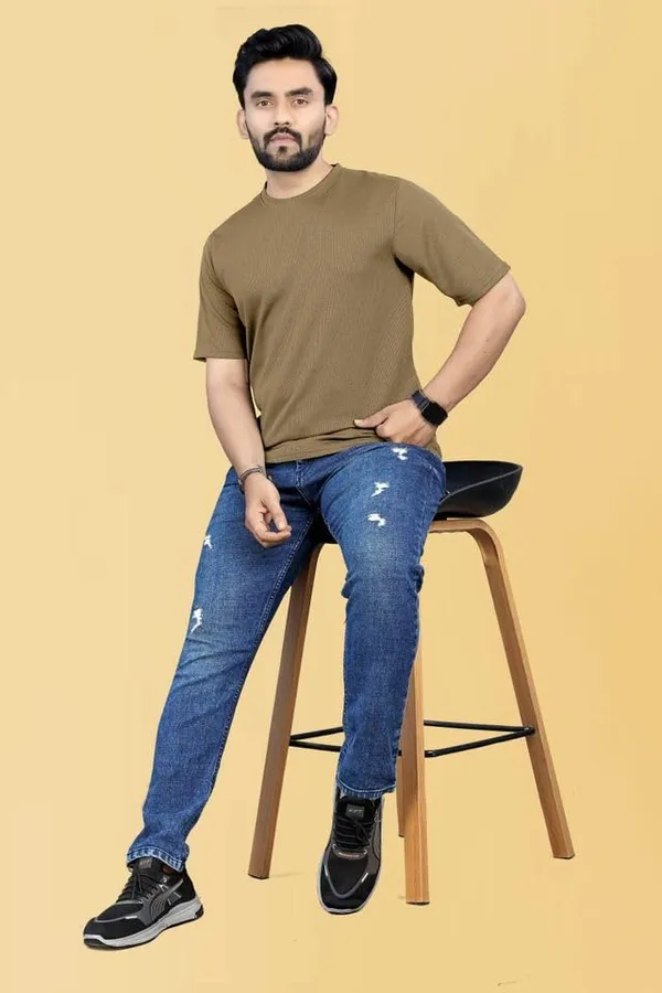 Khaki_Premium_Pure_Cotton_Waffle_T-Shirt_For_Men