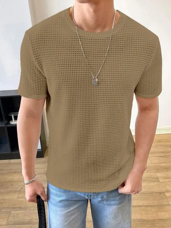 Khaki_Premium_Pure_Cotton_Waffle_T-Shirt_For_Men