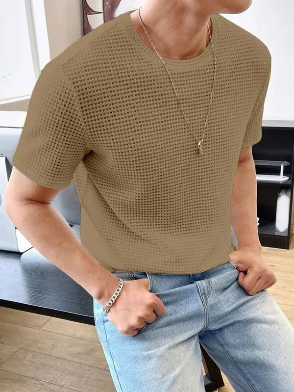 Khaki_Premium_Pure_Cotton_Waffle_T-Shirt_For_Men