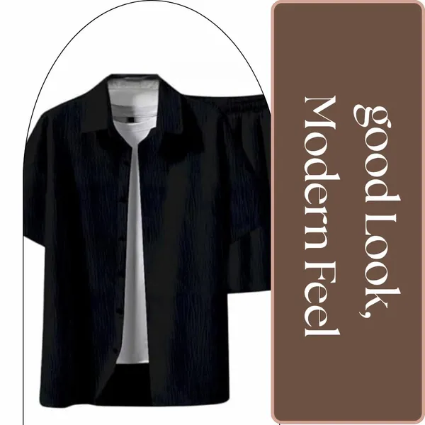 Black_Premium_Cotton_Shirt_&_Shorts_Set_For_Men