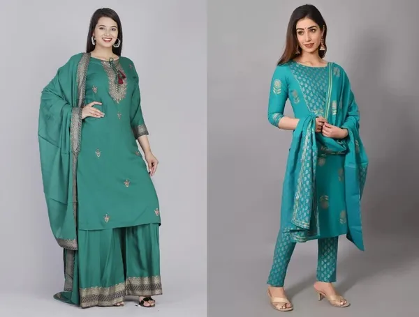 Light_Blue_Green_Rayon_Cotton_Regular_Kurta,_Palazzo_&_Dupatta_Set_Combo_For_Women
