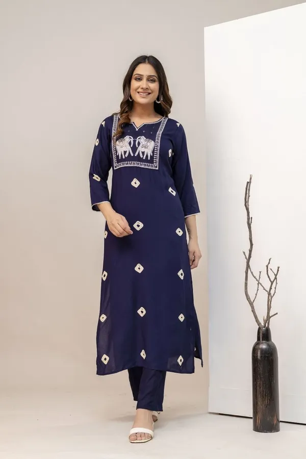 Navy_Blue_Rayon_Regular_Kurta,_Trouser/Pant_Set_For_Women