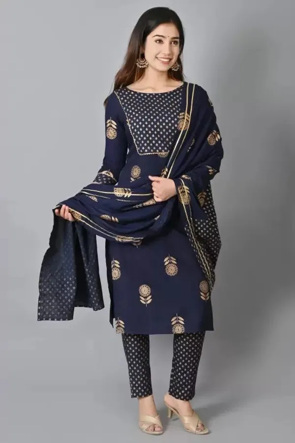 Dark_Blue_&_Pink_Rayon_Regular_Kurta,_Trouser/Pant_&_Dupatta_Set__Combo_For_Women