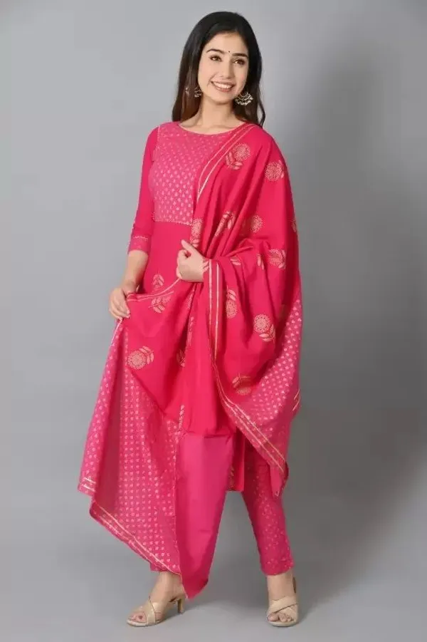 Dark_Blue_&_Pink_Rayon_Regular_Kurta,_Trouser/Pant_&_Dupatta_Set__Combo_For_Women