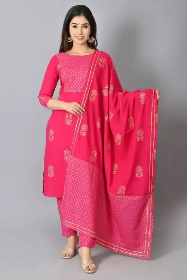 Dark_Blue_&_Pink_Rayon_Regular_Kurta,_Trouser/Pant_&_Dupatta_Set__Combo_For_Women