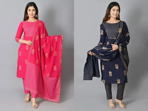Dark_Blue_&_Pink_Rayon_Regular_Kurta,_Trouser/Pant_&_Dupatta_Set__Combo_For_Women