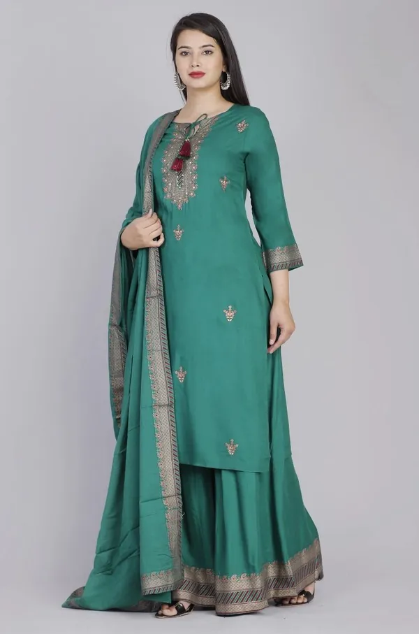 Green_Rayon_Regular_Kurta,_Sharara_&_Dupatta_Set_For_Women