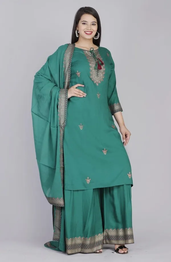 Green_Rayon_Regular_Kurta,_Sharara_&_Dupatta_Set_For_Women