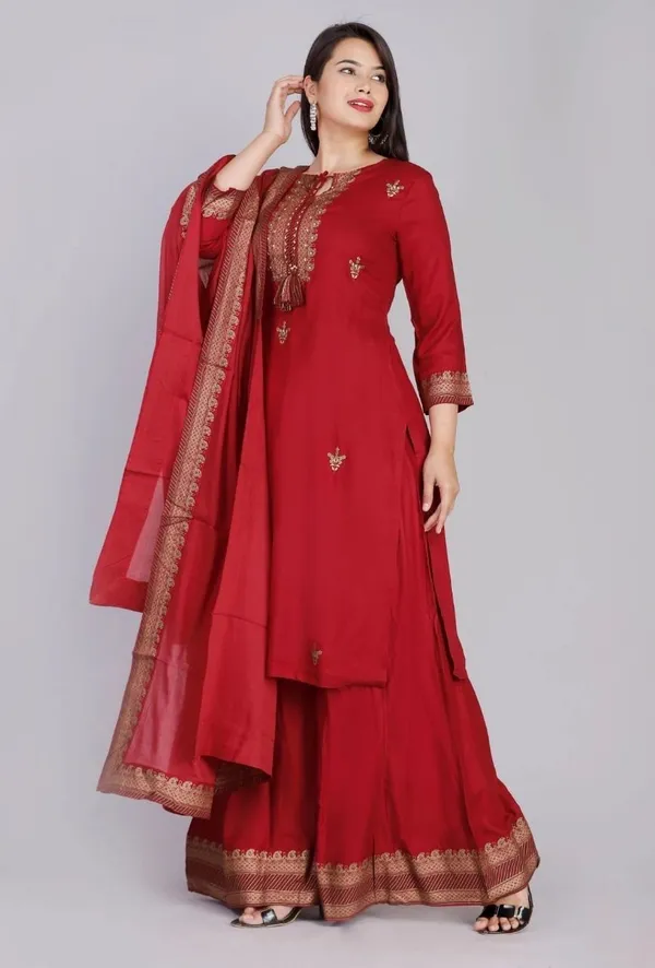 Red_Rayon_Regular_Kurta,_Sharara_&_Dupatta_Set_For_Women