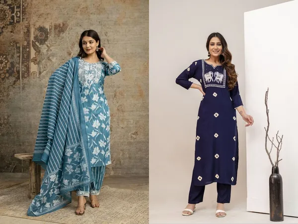 Light_Blue_&_Navy_Blue_Cotton_Regular_Kurta,_Salwar_&__Trouser/Pant_,Dupatta_Set_Combo_For_Women