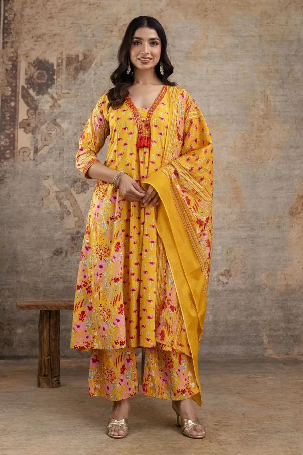 Yellow_Rayon_Regular_Anarkali_Kurta,_Bottom_&_Dupatta_Set_For_Women