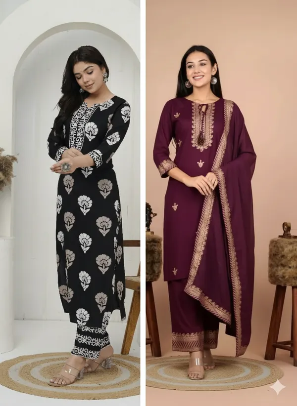 Black_Rayon_Regular_Kurta,_Salwar_Set_and_Maroon_Rayon_Regular_Kurta,_Palazzo_&_Dupatta_Set_For_Women