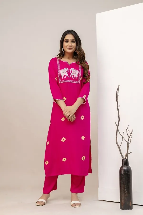 Pink_Rayon_Regular_Kurta,_Trouser/Pant__Set_For_Women