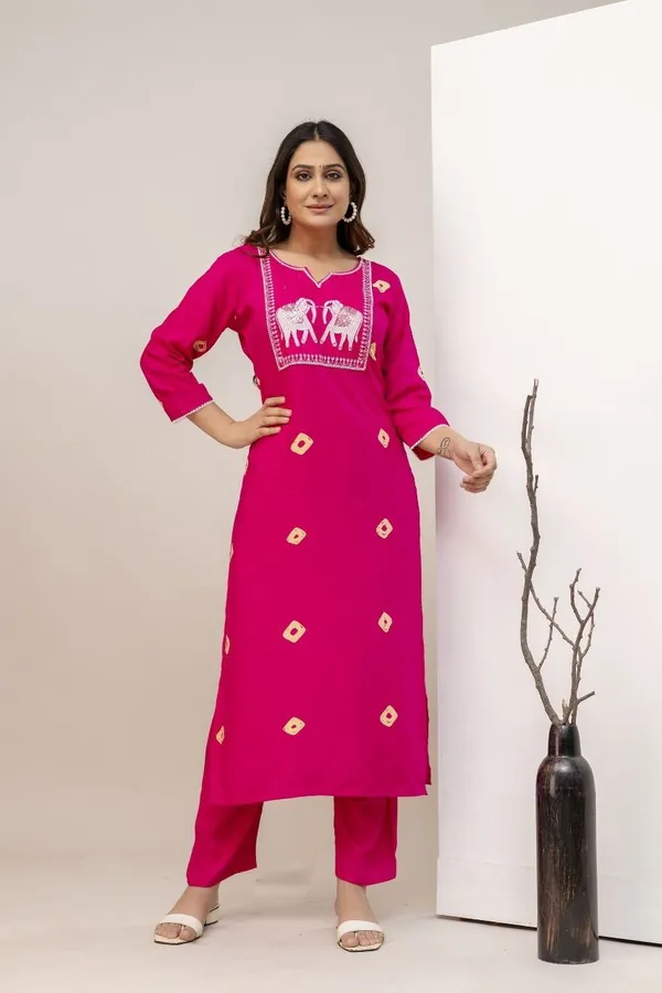Pink_Rayon_Regular_Kurta,_Trouser/Pant__Set_For_Women