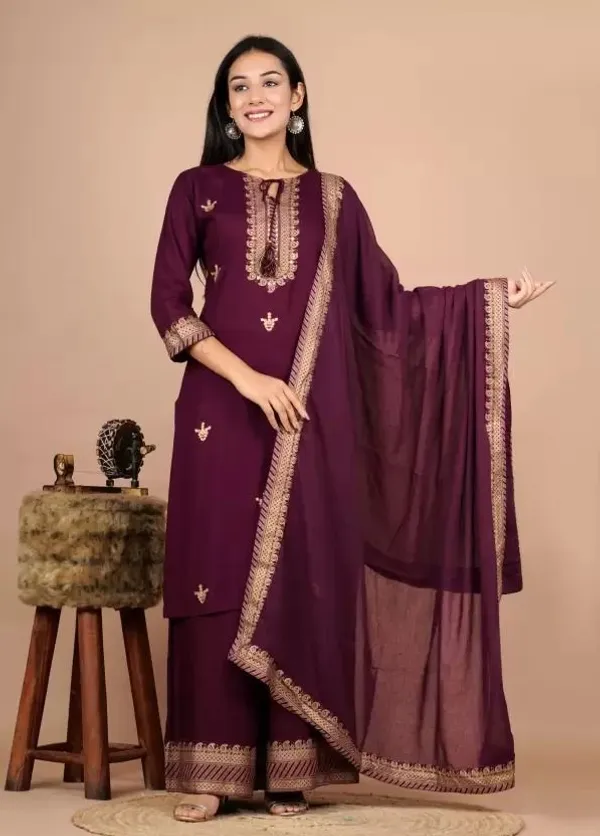 Maroon_Rayon_Regular_Kurta,_Palazzo_&_Dupatta_Set_For_Women