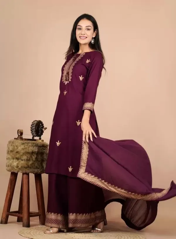 Maroon_Rayon_Regular_Kurta,_Palazzo_&_Dupatta_Set_For_Women