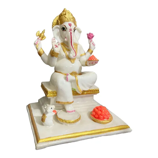 Off_White_&_Golden_Gajanan_Ganpati_White_Marble_Look_Ganesha_With_Rat_Statue