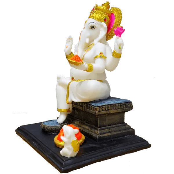 Off_White_&_Golden_Gajanan_Ganpati_White_Marble_Look_Ganesha_With_Rat_Statue