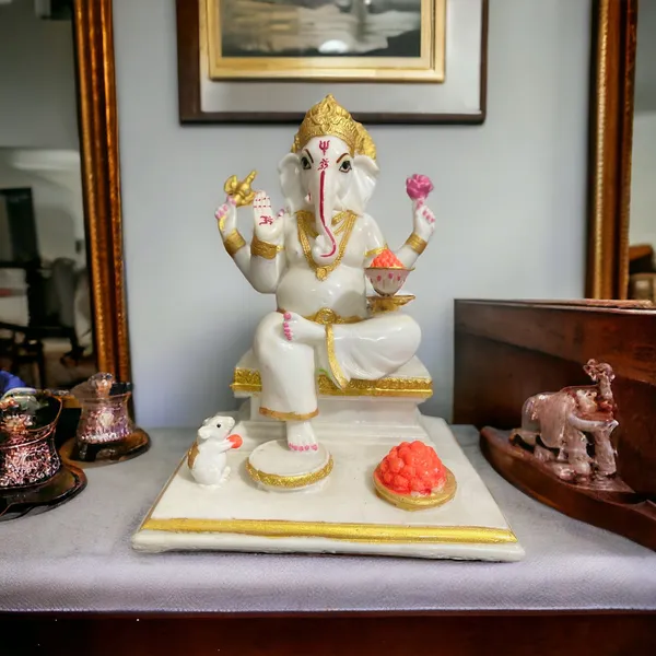 Off_White_&_Golden_Gajanan_Ganpati_White_Marble_Look_Ganesha_With_Rat_Statue
