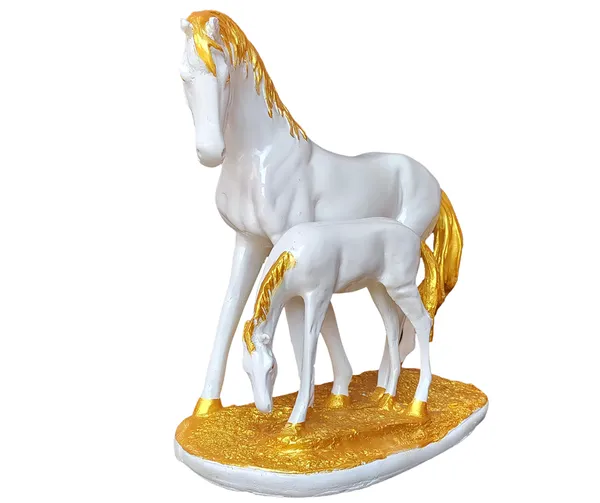 Off_White_&_Golden_Polyresin_Horse_With_Baby_Horse_Showpiece_Home_Decor
