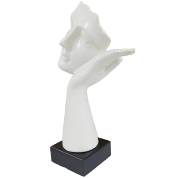 White_Abstract_Woman_Face_Statue_Resting_On_Hand_Table_Ascent