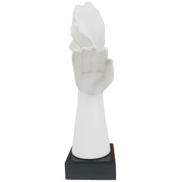 White_Abstract_Woman_Face_Statue_Resting_On_Hand_Table_Ascent