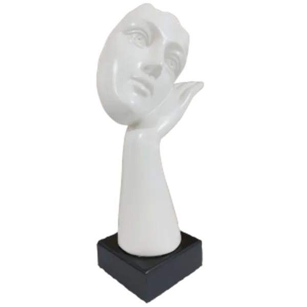 White_Abstract_Woman_Face_Statue_Resting_On_Hand_Table_Ascent