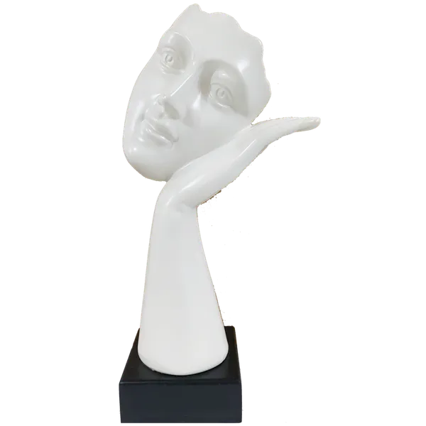 White_Abstract_Woman_Face_Statue_Resting_On_Hand_Table_Ascent