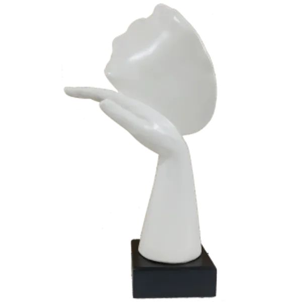 White_Abstract_Woman_Face_Statue_Resting_On_Hand_Table_Ascent