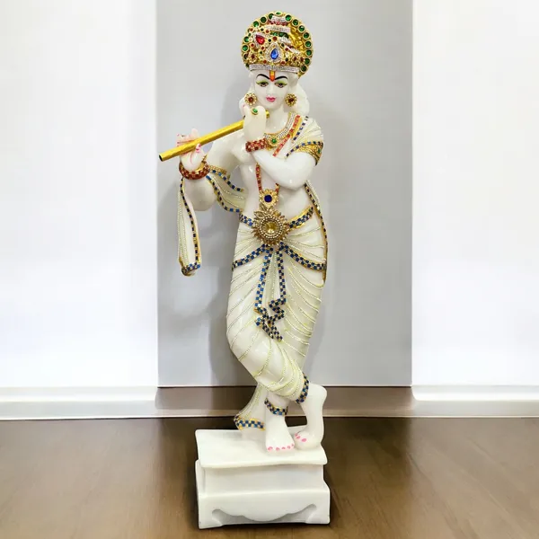Cream_Standing_Krishna_With_Bansuri_Decorative_Look_Marble