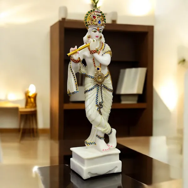 Cream_Standing_Krishna_With_Bansuri_Decorative_Look_Marble