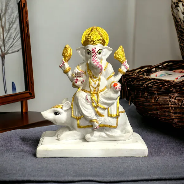 Off_White_&_Golden_Lord_Ganpati_Sitting_On_Mushak_Marble_Statue_Best_Gift_For_Home