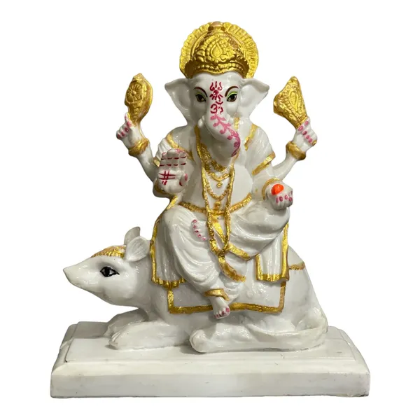 Off_White_&_Golden_Lord_Ganpati_Sitting_On_Mushak_Marble_Statue_Best_Gift_For_Home