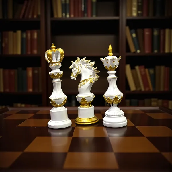 Off_White_&_Golden_Artistic_Chess_Statue_Set_In_Resin_12_Inch_King_Queen_&_Knight_Showpiece_For_Modern_Living_&_Office_Spaces